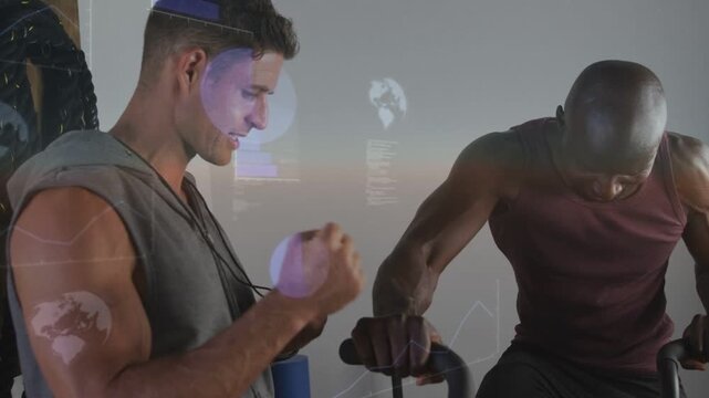 Trainer tapping stopwatch, timing interval while athlete pushing cardio machine, HUD charts guiding
