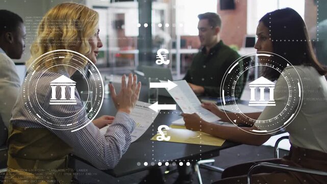 Blonde woman sliding paper, starting currency HUD while colleague comparing papers for exchange