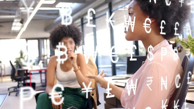 Man gesturing, starting finance talk; center woman leaning, using pen, currency symbols floating