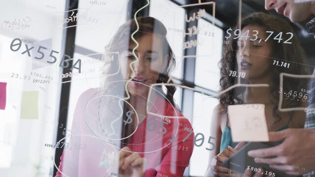 Lead drawing finance rings on glass, starting diagram with numeric overlays appearing, planning
