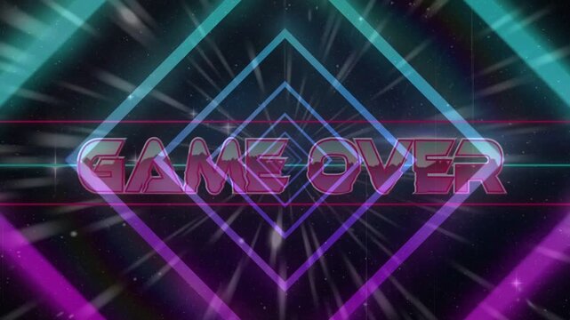 Particle burst starting, GAME OVER text and neon rings fading, radiating, signaling arcade end