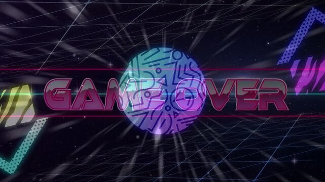 Screen opening sending GAME OVER text sliding diagonal, rotating, centering, announcing arcade end