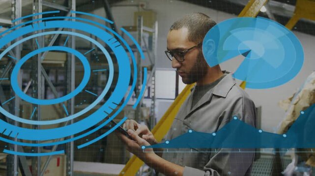 Warehouse worker tapping scanner, overlaying blue radar ring, donut and line charts updating stock