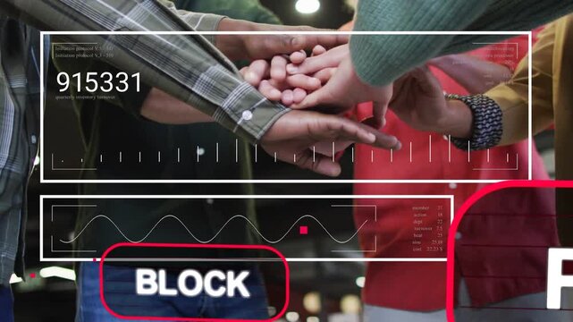 Woman reaching, team stacking hands, causing crypto HUD counters, red BLOCK MINER confirming block