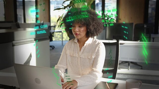 Green code appearing woman typing reaching shifting tablet picking papers scanning verifying data