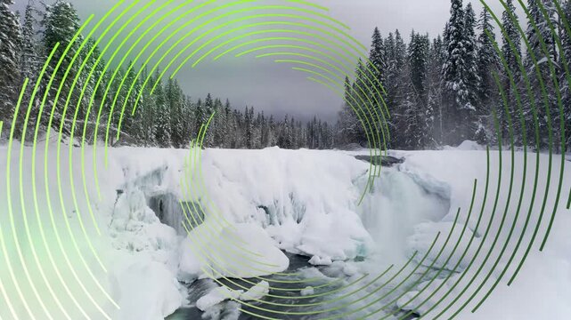 Overlay starting, river gorge centering as lime rings rotating, revealing waterfall for monitoring