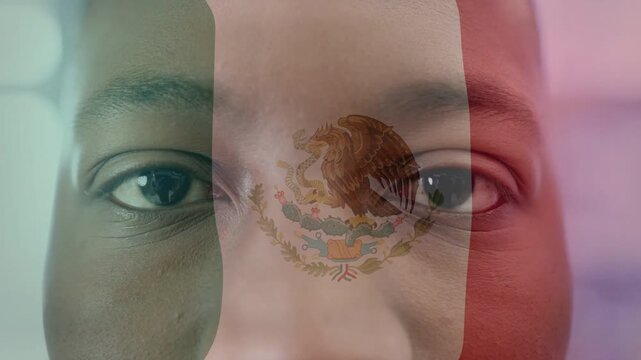 Projecting Mexican flag overlay with eagle emblem, man gazing, blinking and softening for politics
