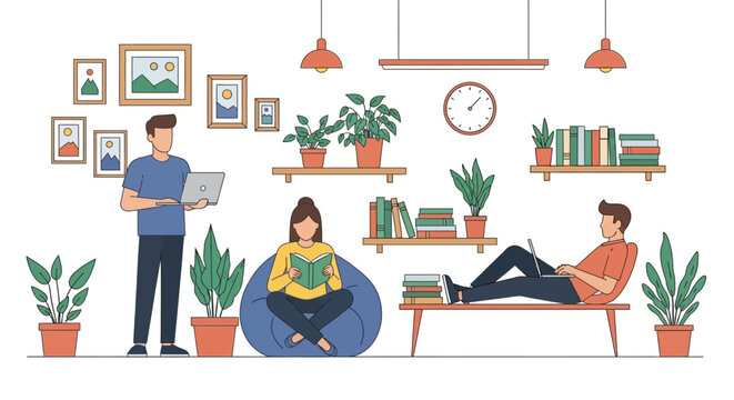 People relaxing and working in a cozy indoor space.
