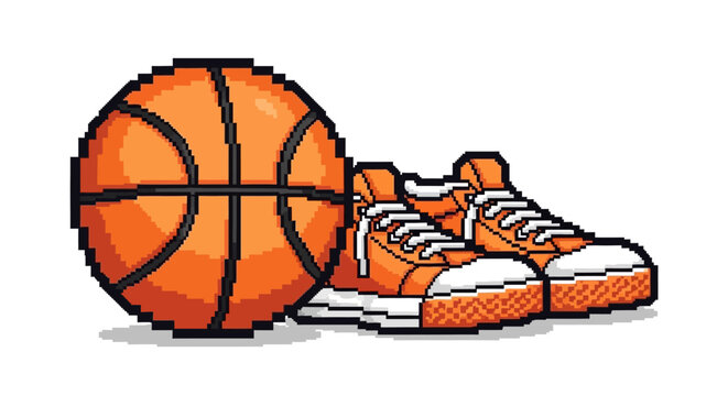 Pixel Art Basketball and Sneakers Icon.