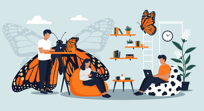 People interacting with giant monarch butterfly illustration.