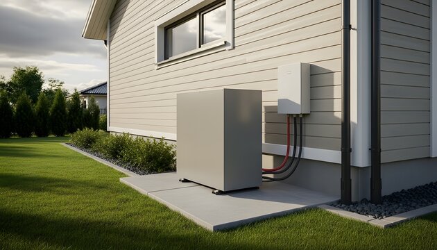 Modern heat pump unit installed outside a residential house clean energy technology for sustainable living.