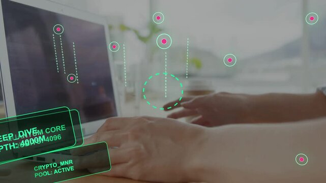 Woman shifting hands and tapping keyboard, activating AR nodes and green panels monitoring crypto