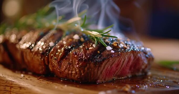 A close-up shot of a perfectly grilled medium-rare steak, seasoned with coarse salt and fresh rosemary, steaming on a wooden board