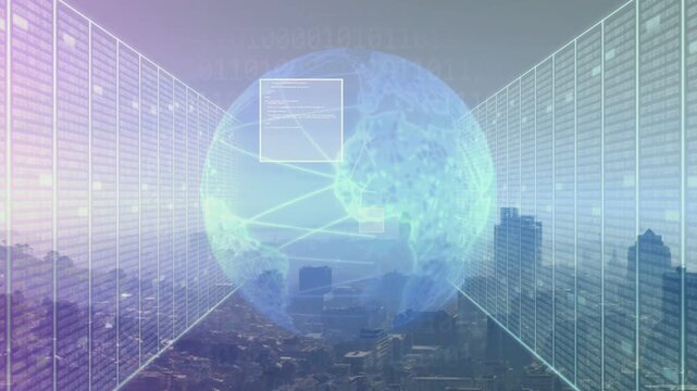 Empty skyline starting holo globe fading in wireframe racks expanding UI panes showing network flow