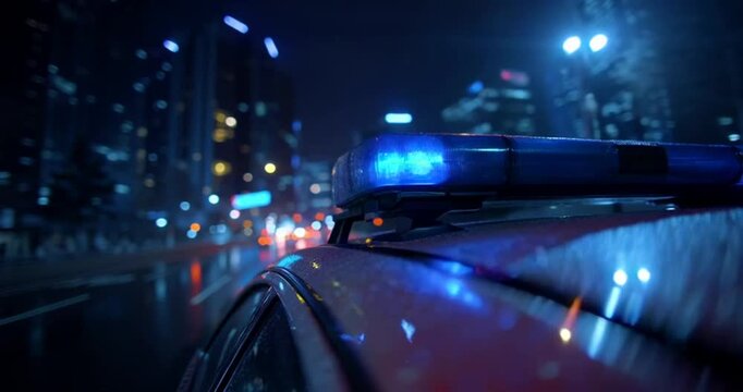 Blue light flasher atop of a police car. City lights on the background
