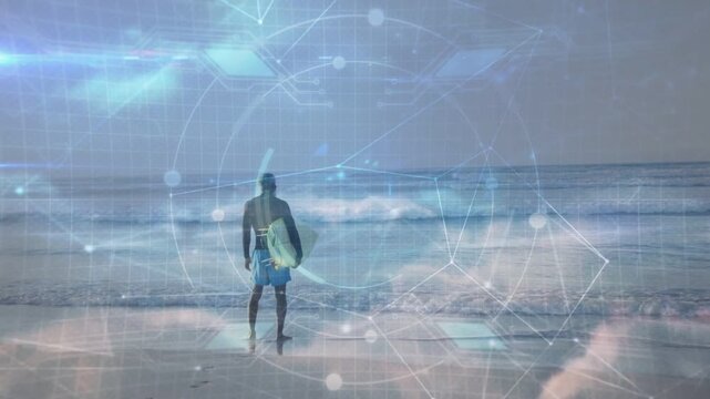 Male surfer with board shifting, stepping into surf to catch waves, tech overlay drifting over him
