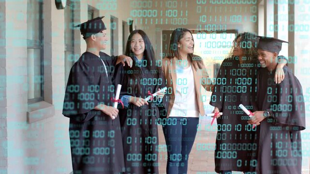 Companion linking arms and leading grads moving academic walkway binary overlaying holding diplomas