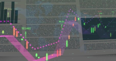 Naklejka premium Displaying candlestick chart on blurred report, showing magenta ribbon and purple dotted trendline