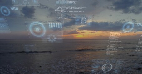 Fototapeta premium Displaying coastal seascape showing sun reflecting on ocean horizon at sunset, with HUD panels