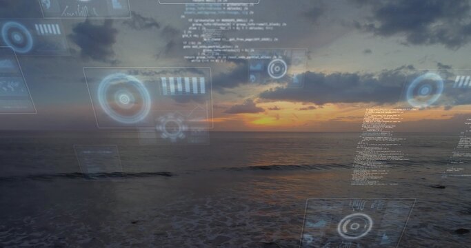 Displaying coastal seascape showing sun reflecting on ocean horizon at sunset, with HUD panels