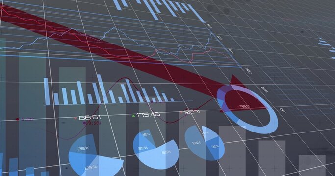 Displaying large maroon diagonal arrow circling tip signaling decline on 3D grid with bar charts