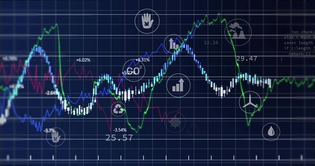 Fototapeta premium Displaying multiline graphs tracing peaks and troughs on dark dashboard showing bars icons labels
