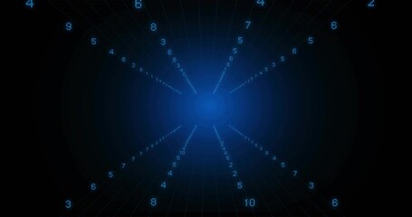 Radiating bright blue core pulling dotted numeric lines inward in data tunnel, grid plane © vectorfusionart