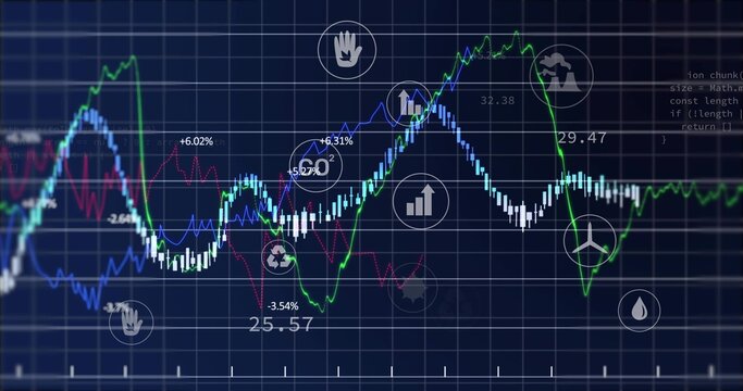 Displaying multiline graphs tracing peaks and troughs on dark dashboard showing bars icons labels