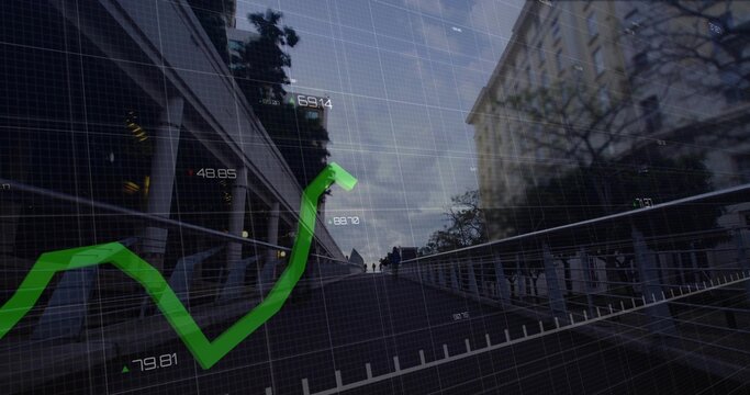 Displaying green financial arrow over urban ramp at pedestrian walkway, silhouetted people in coats