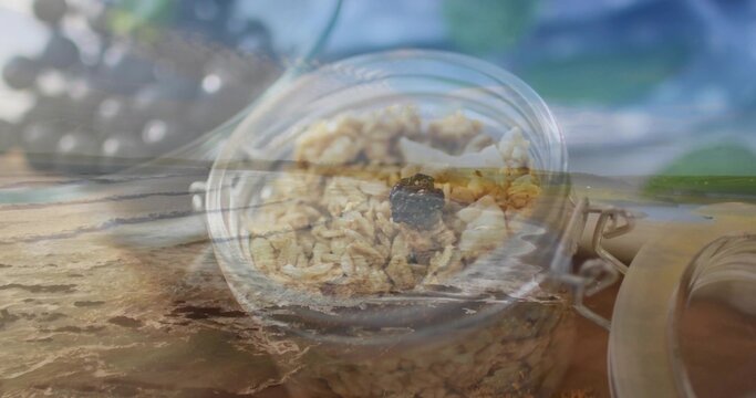 Layering glass jar with metal clamp holding granola clusters and single raisin over shoreline