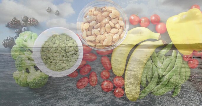 Overlaying double exposure produce over ocean horizon, showing broccoli, pepitas, berries