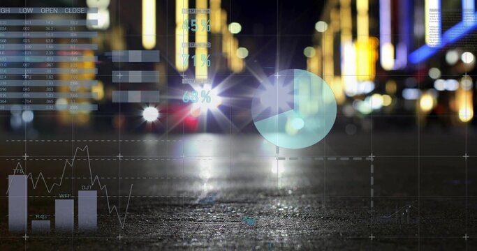 Showing wet asphalt reflecting headlights on nighttime street, with HUD pie chart overlay