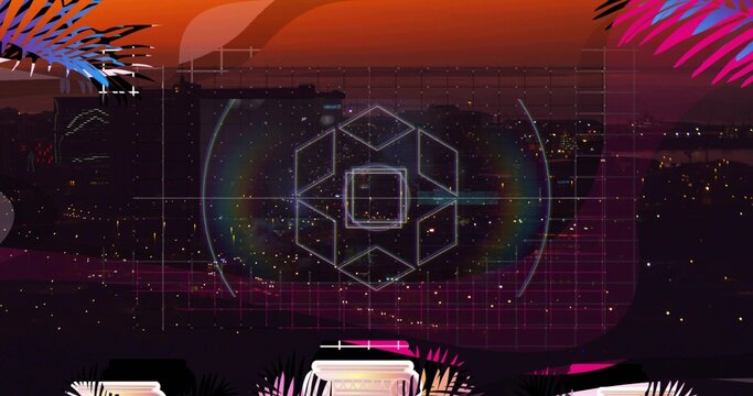 Glowing central geometric hologram projecting neon grid across rooftop at dusk, with palm fronds