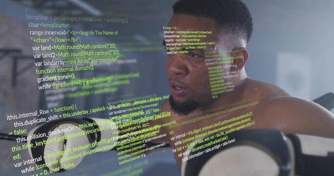 Pedaling shirtless man sweating while gripping bars on stationary bike in gym, with code overlay