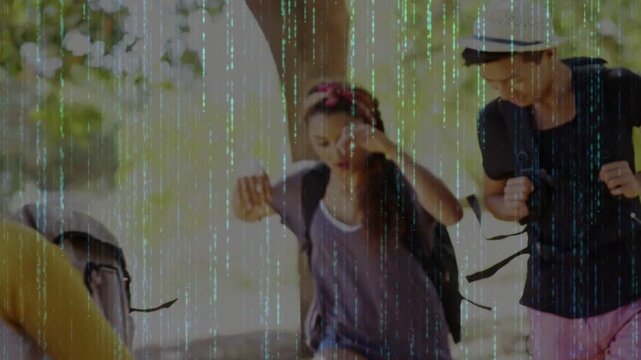 Braided woman stepping down curb, flailing, bucket-hat man leaning in steadying her, tech data-rain