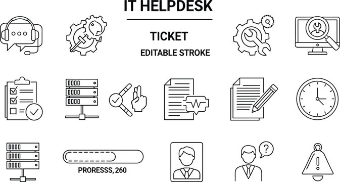 IT helpdesk technical support ticket system server monitoring customer service editable stroke outline vector icon set collection