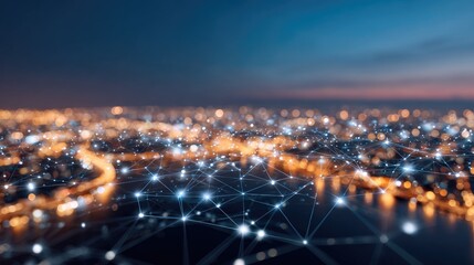 Naklejka premium Abstract network connections over a blurred cityscape at dusk showcasing digital technology and urban development