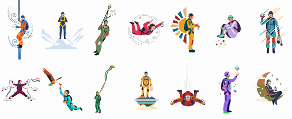 Collection of flat vector illustrations depicting skydivers and parachutists in various dynamic poses, surreal environments, and extreme sports scenarios. © Telu