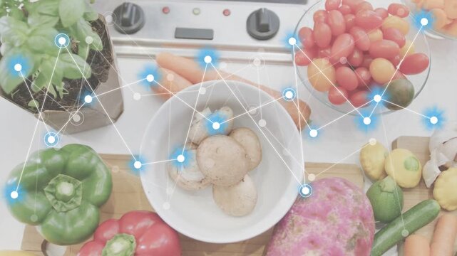Blue nodes popping above basil and pepper, network growing across board visualizing ingredients