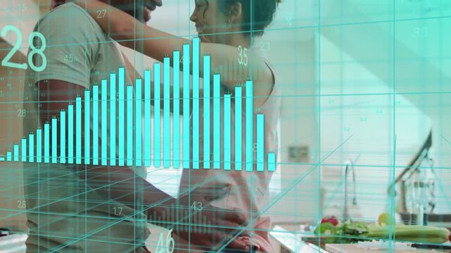 Man and woman sharing affection in kitchen, camera pullback causing tech chart overlaying couple