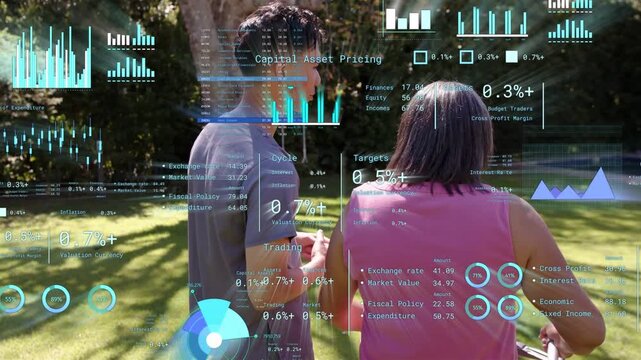 Man approaching with phone, showing finance AR charts for care while steadying woman on rollator