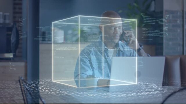 Man typing on laptop hologram tech cube floating code appearing he lifting phone calling about work
