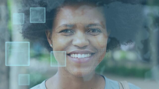 Mid-adult woman softening into broad grin as pale HUD squares emerging and eliciting smile for tech