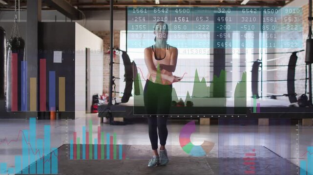 Adult woman holding rope and starting jumps, animated charts and data tracking footwork for fitness