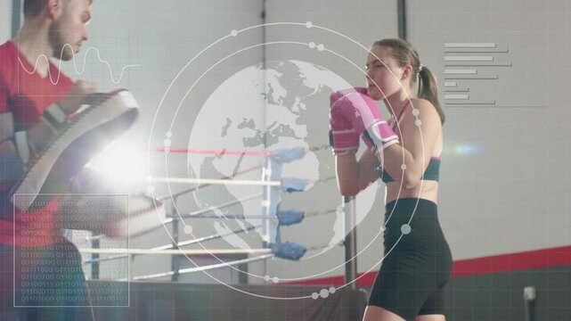 Woman boxer kicking pad, HUD appearing as coach moving pads, boxing training finishing strong kick