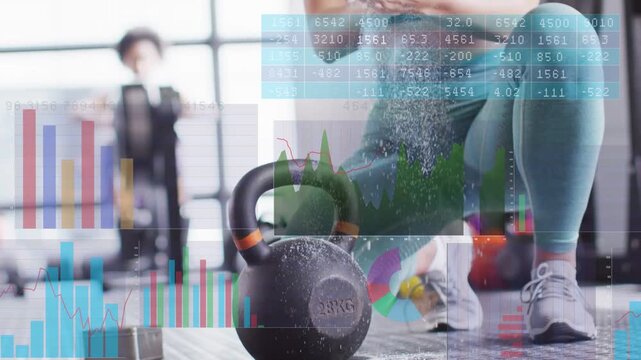 Woman stepping in opening chalk by 28KG bell rubbing hands preparing lift fitness data overlaying