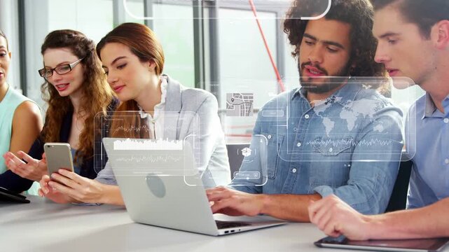 Center woman showing phone and causing HUDs while business team pointing typing reviewing data