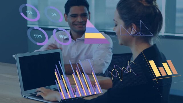 Man initiating handshake while woman typing on laptop, business charts animating and closing deal