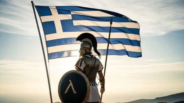 Spartan warrior in traditional armor with shield and spear standing by Greek flag at dawn