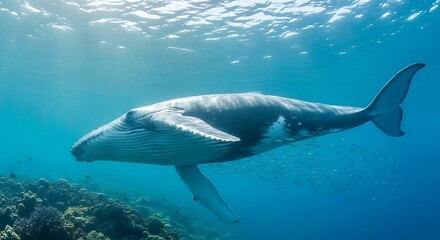 Fototapeta premium Large whale swimming underwater ocean deep.